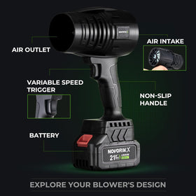 NovorikX cordless blower clears leaves and dust from patio and driveway.