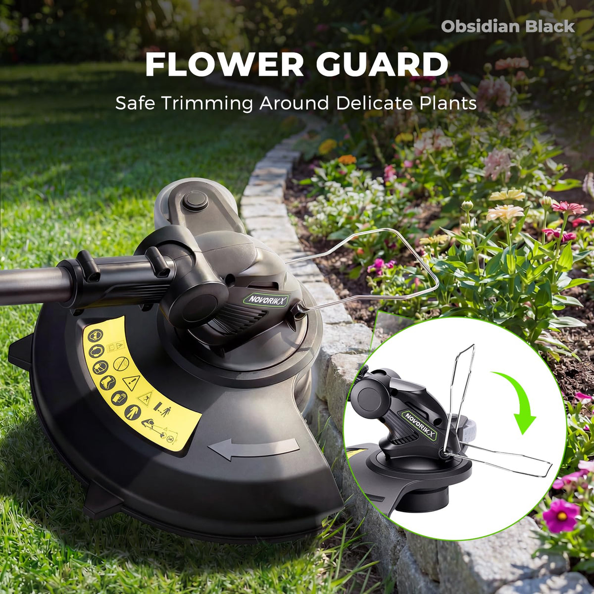 NovorikX plant guard protects flowers during edging tasks.