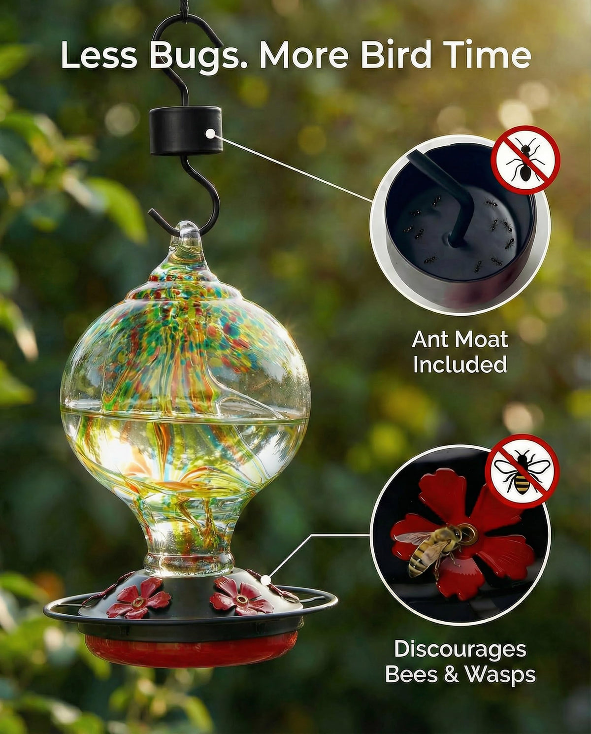 Novoto hummingbird feeder with ant moat to block crawling insects