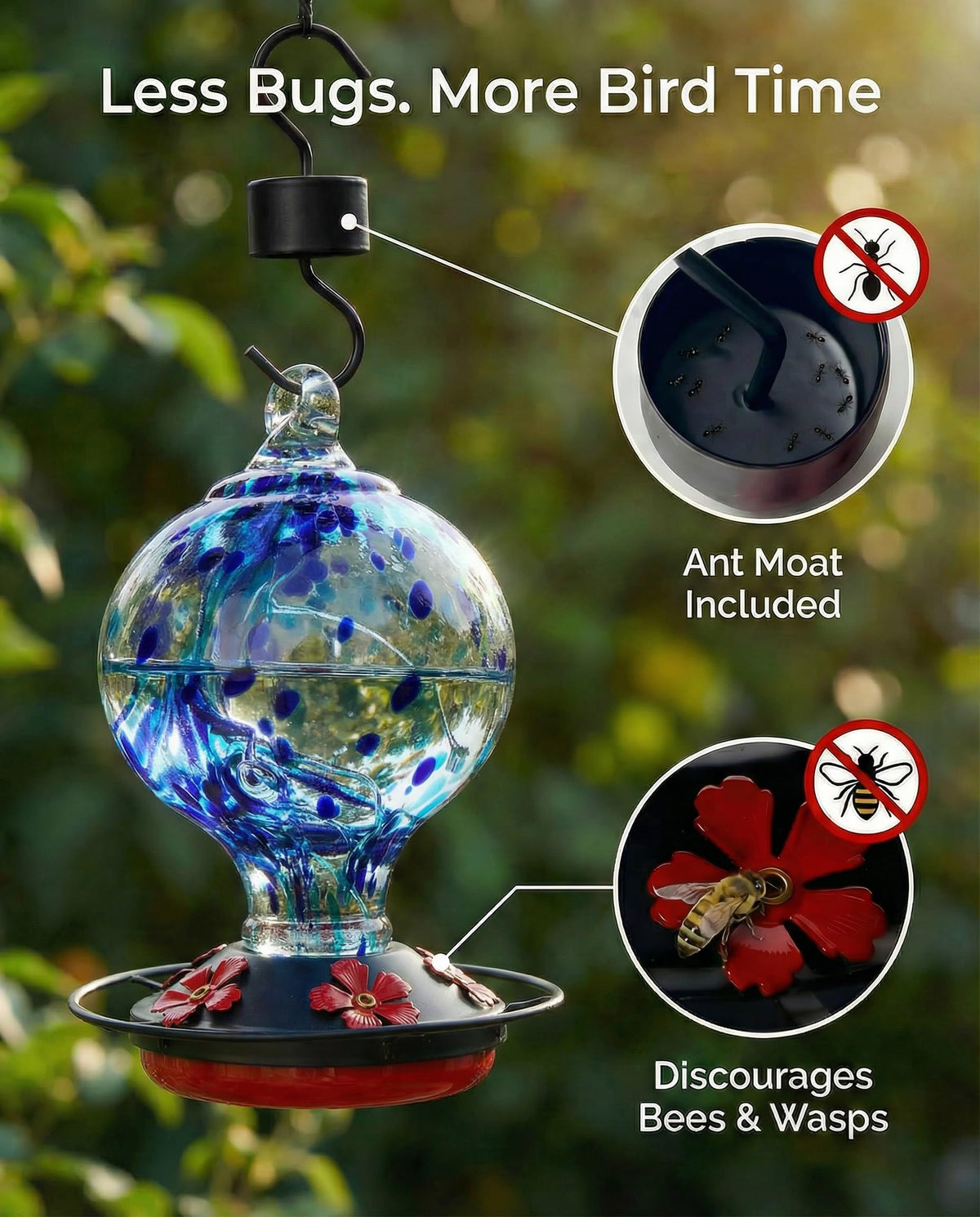 Novoto feeder with ant moat protects nectar from ants