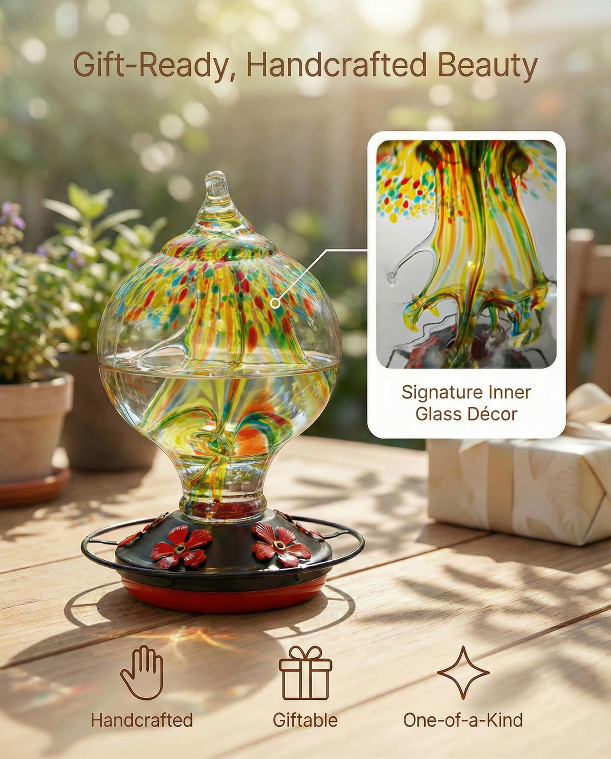 Novoto hummingbird feeder with bee resistant ports deterring wasps