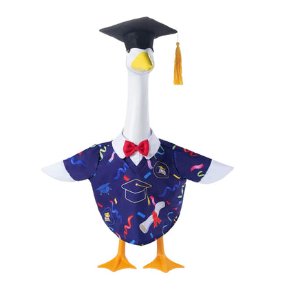 NovousGoo blue graduation gown on a 23-inch porch goose statue.