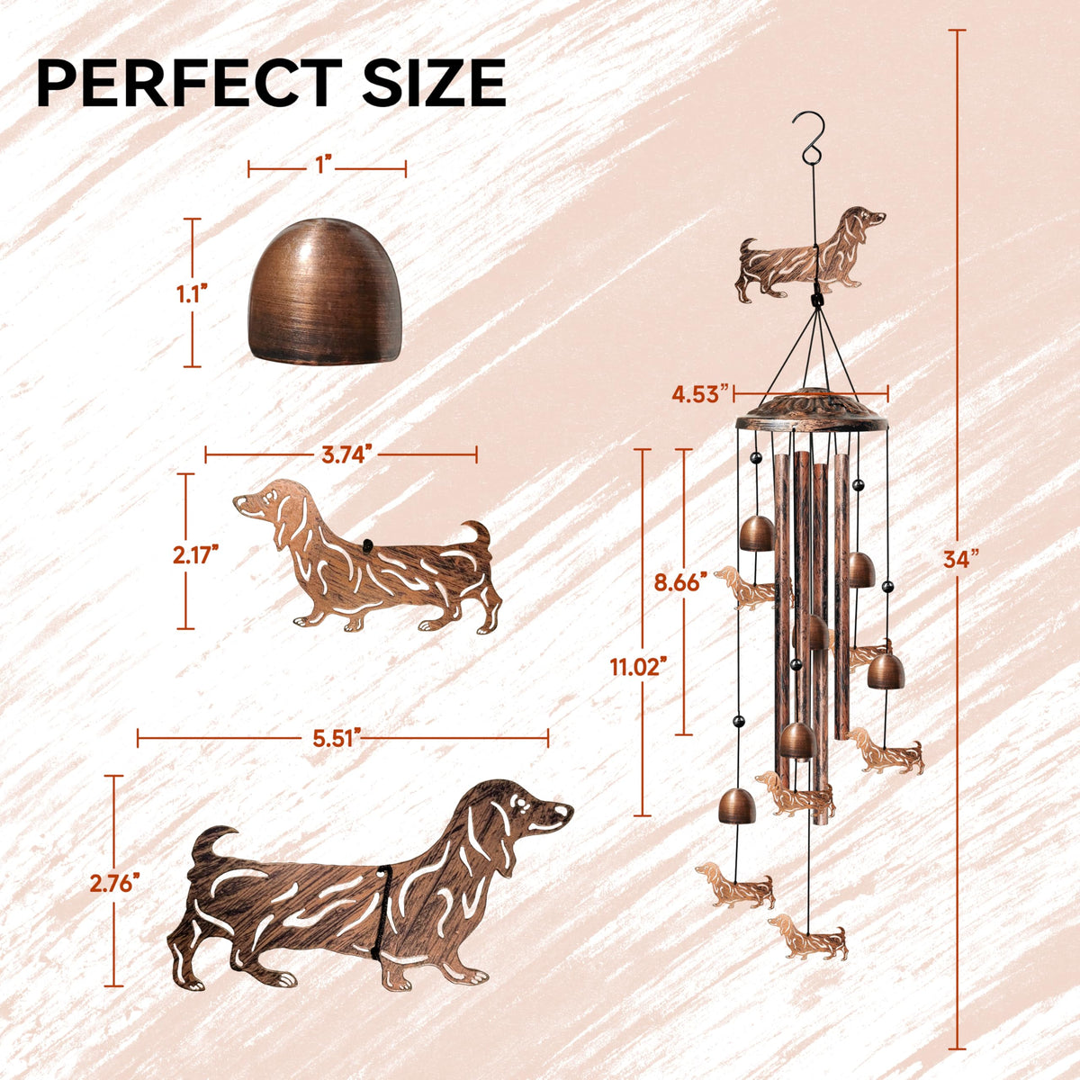 Nowpis dachshund wind chime close-up highlights detailed dachshund figures.