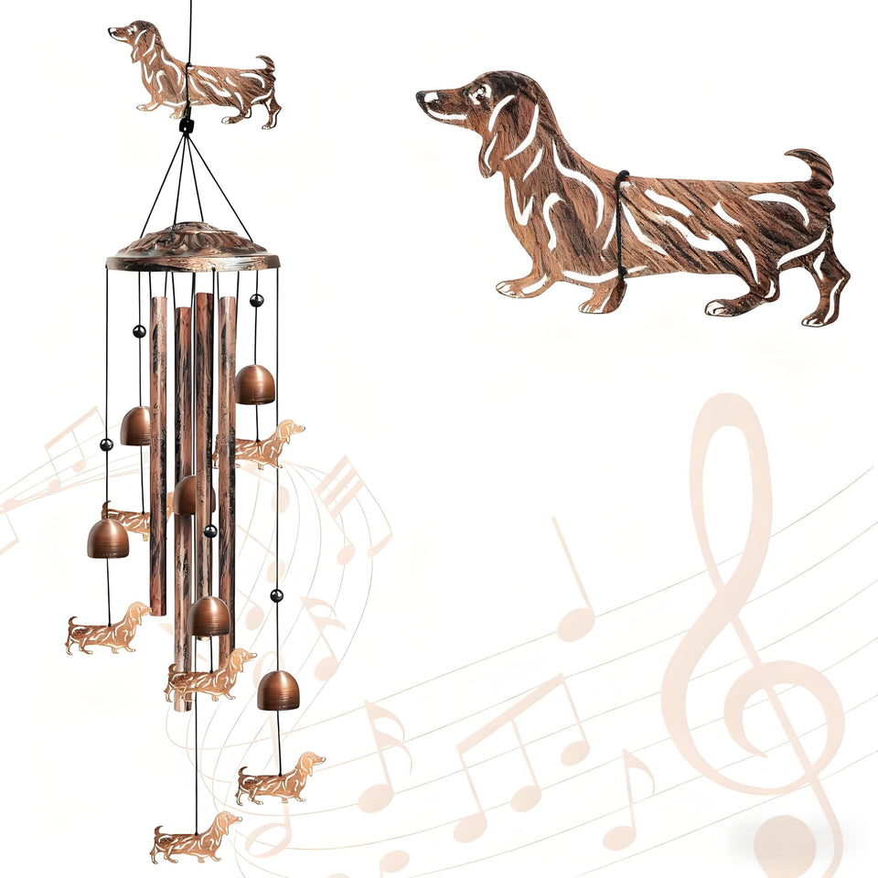 Nowpis dachshund wind chime front view showcases outdoor decor potential.