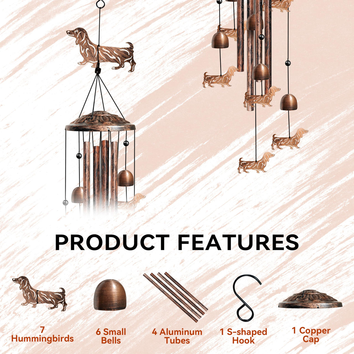 Nowpis dachshund wind chime metal tubes close-up for crisp tone.