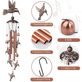 Nowpis hummingbird wind chime outdoor rose-gold tubes visible for elegant décor.