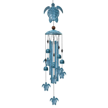 Nowpis Sea Turtle Wind Chime outdoors with blue rustic finish and turtle topper