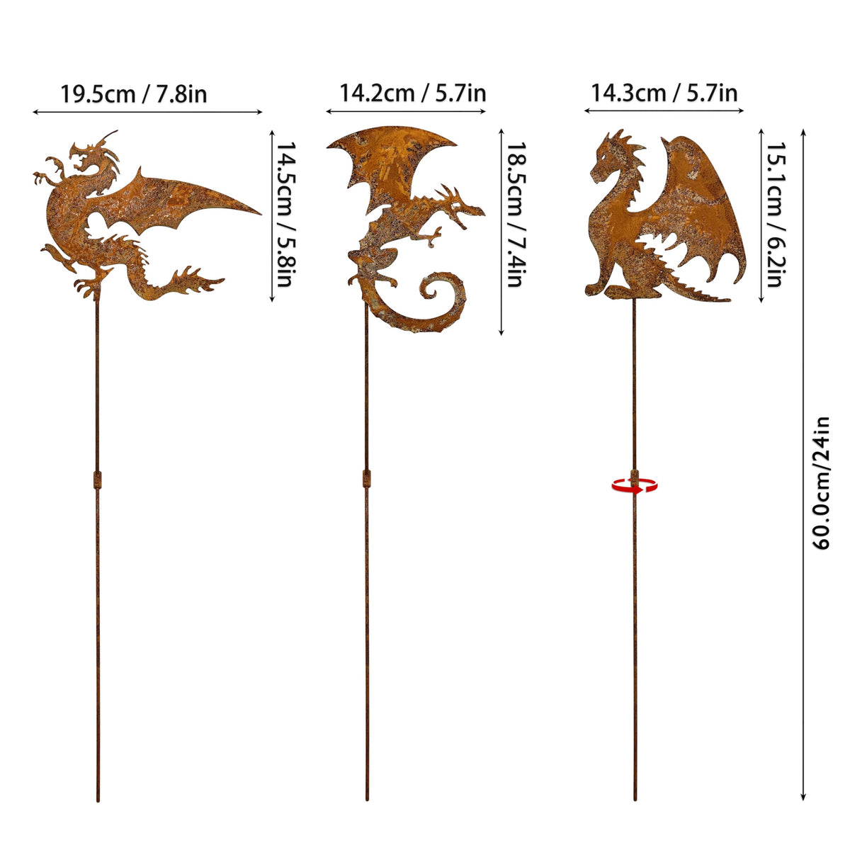 Noxozoqm rusty dragon garden stake 2 - eye-catching silhouette for garden borders.