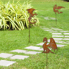 Noxozoqm rusty dragon garden stake 3 - enhances patio decor with fantasy charm.