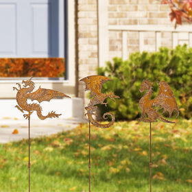 Noxozoqm three-piece dragon stake set - versatile yard art for flower beds and patios.