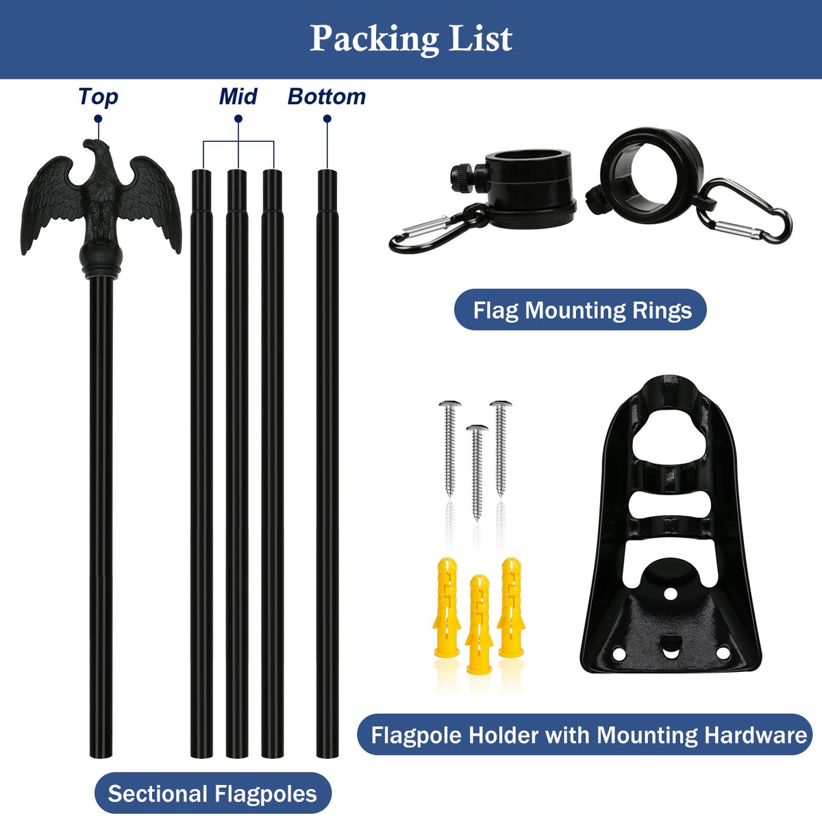 NQ black finish flag pole ready for porch, garden, or travel use.