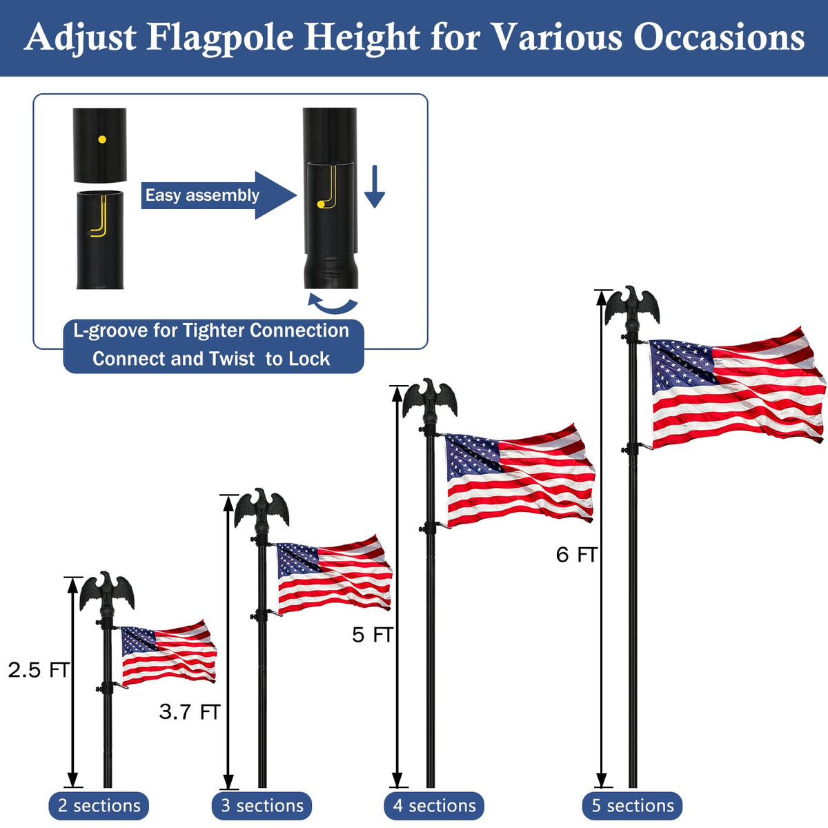 NQ flag pole rotating rings allow smooth flag movement and zero tangling.