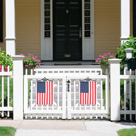 NQ flag wall hanger mounted on a gate displaying a welcome flag.