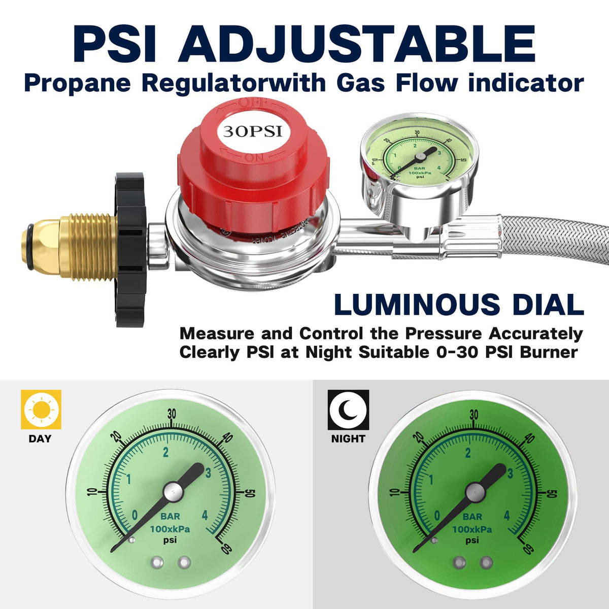 NQN gauge readout on regulator showing adjustable 0-30 psi output