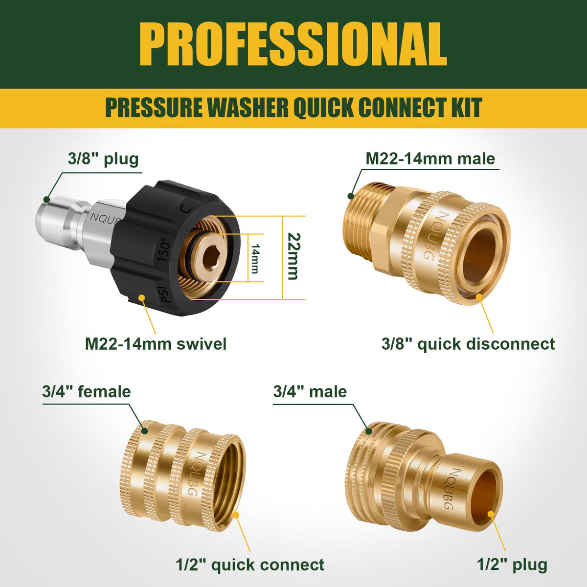 Brass adapters in NQUBG set for durable pressure washer fittings.
