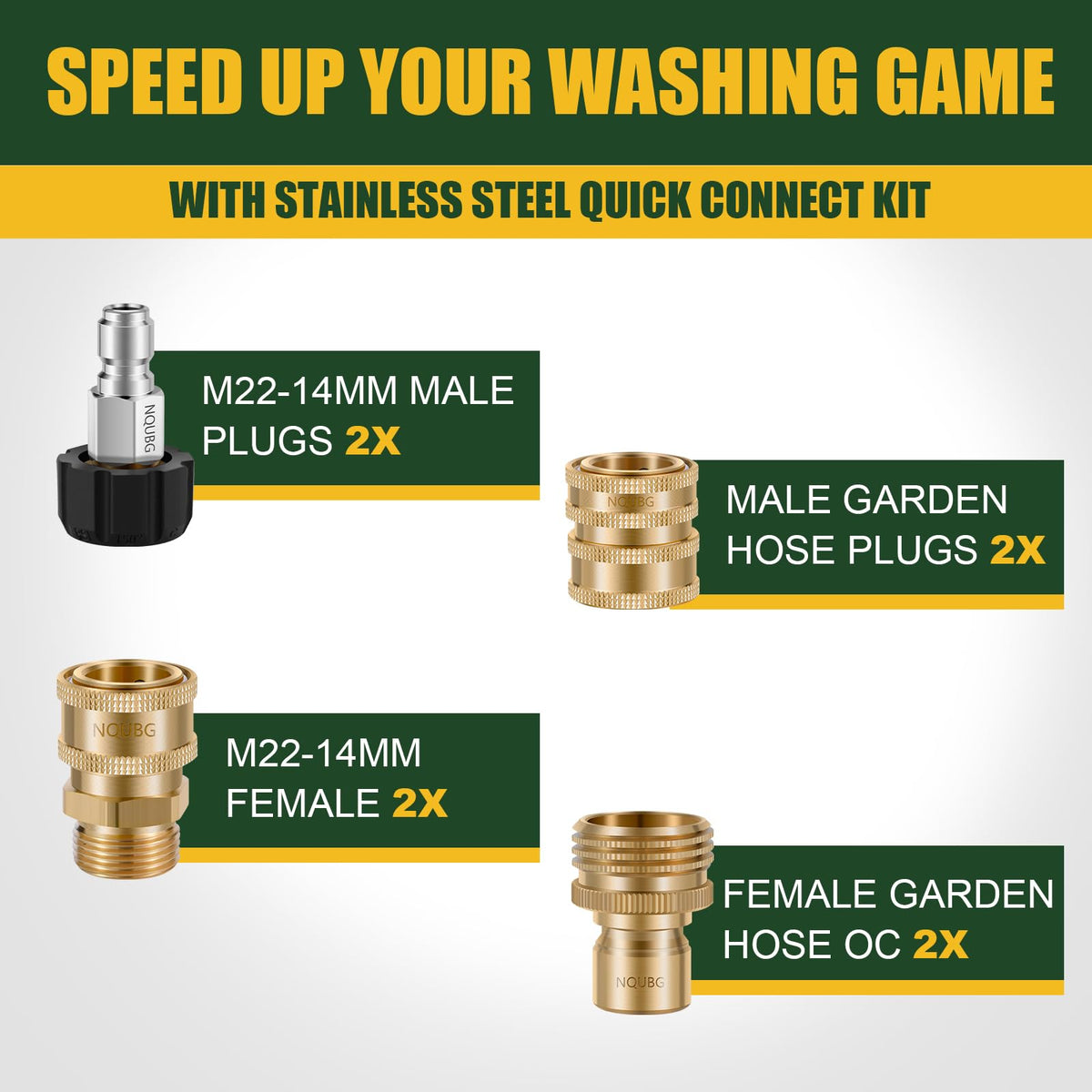 Brass quick-connect kit components for reliable pressure washer performance.