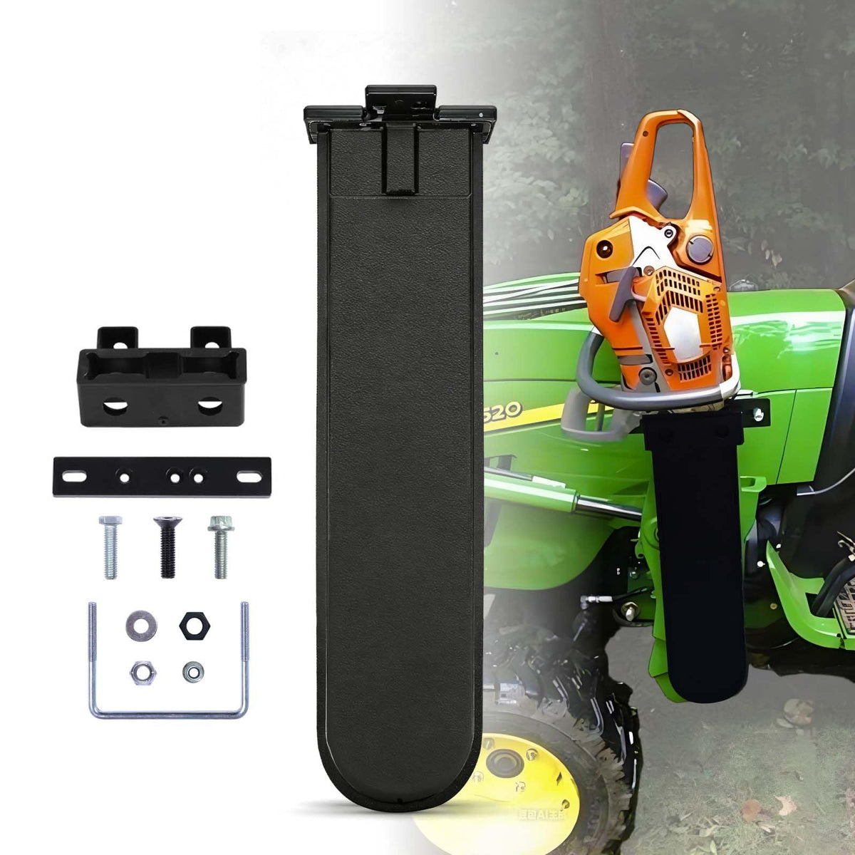 Nrovonis chainsaw holder on tractor mount supports up to 20 inches for easy transport.