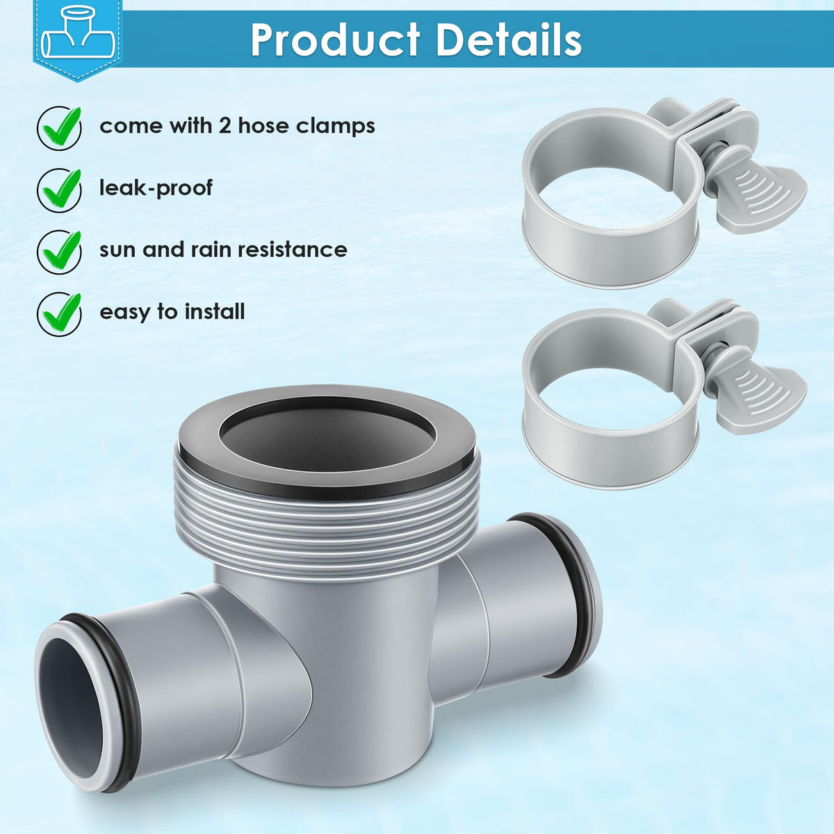 Nuanchu Sand Filter T Joint packaging includes two hose clamps