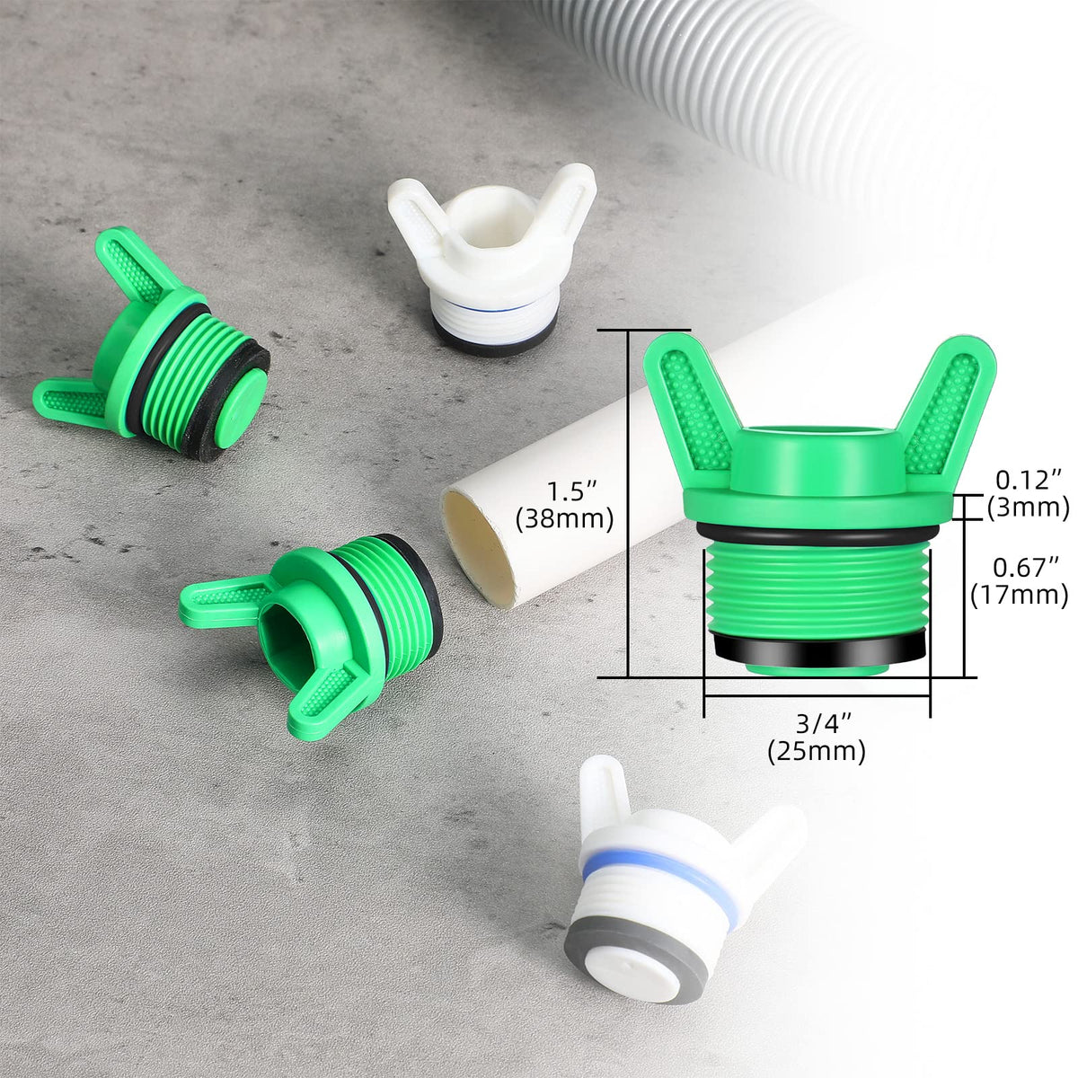 Nuanchu white-green garden hose plugs prevent dirt ingress and leaks.