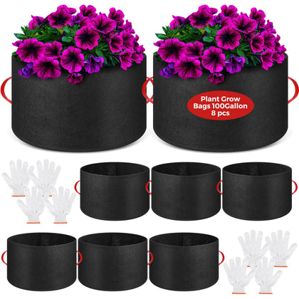 Nuenen 8-pack 100 gallon grow bags set with gloves for garden prep.