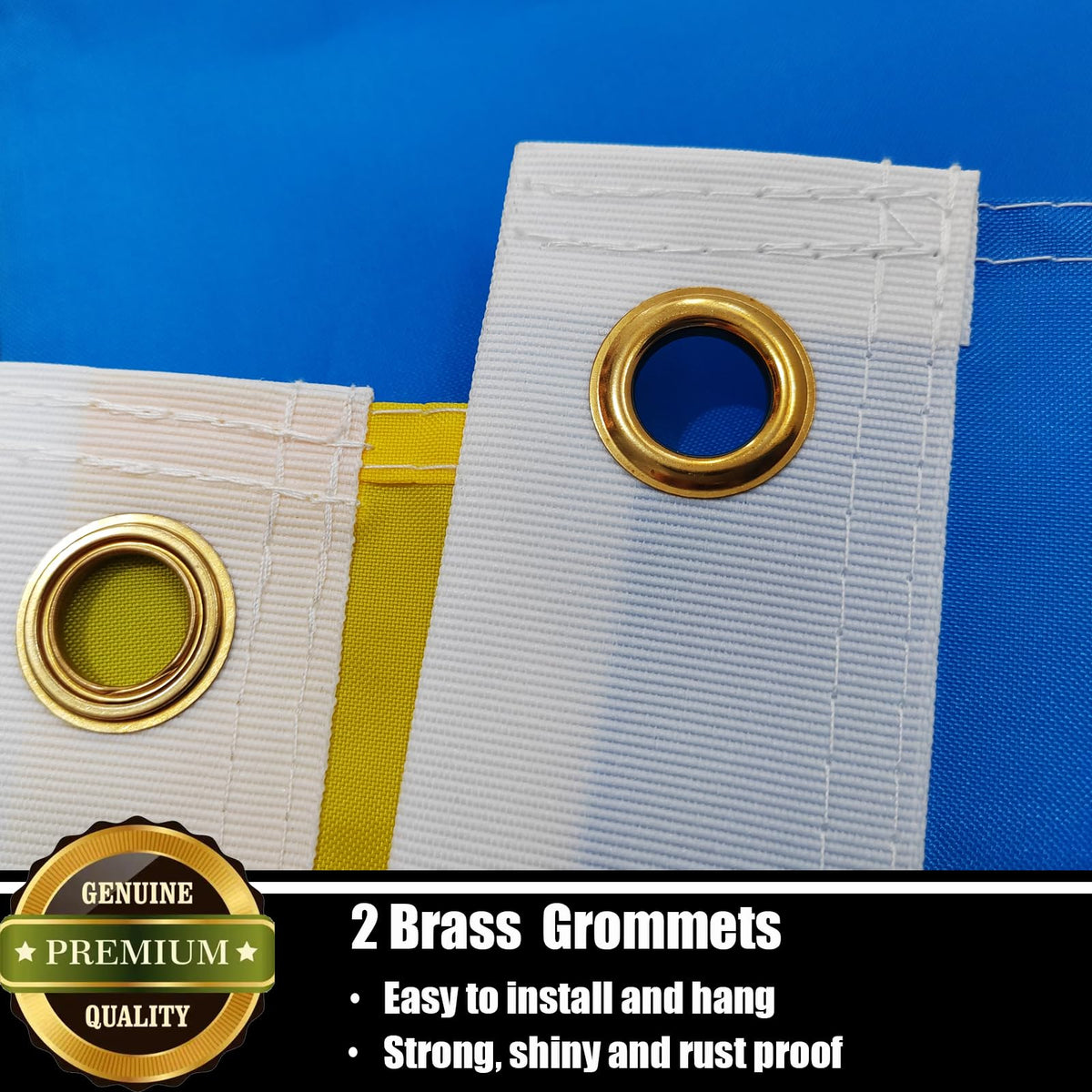 Nuibers flag brass grommets close-up with reinforced header for windier environments.