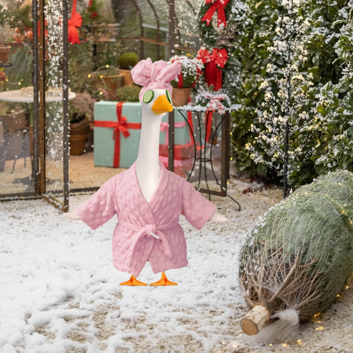 Numfog pink bathrobe and scarf on a porch goose for holiday style