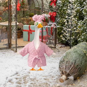 Numfog pink bathrobe and scarf on a porch goose for holiday style