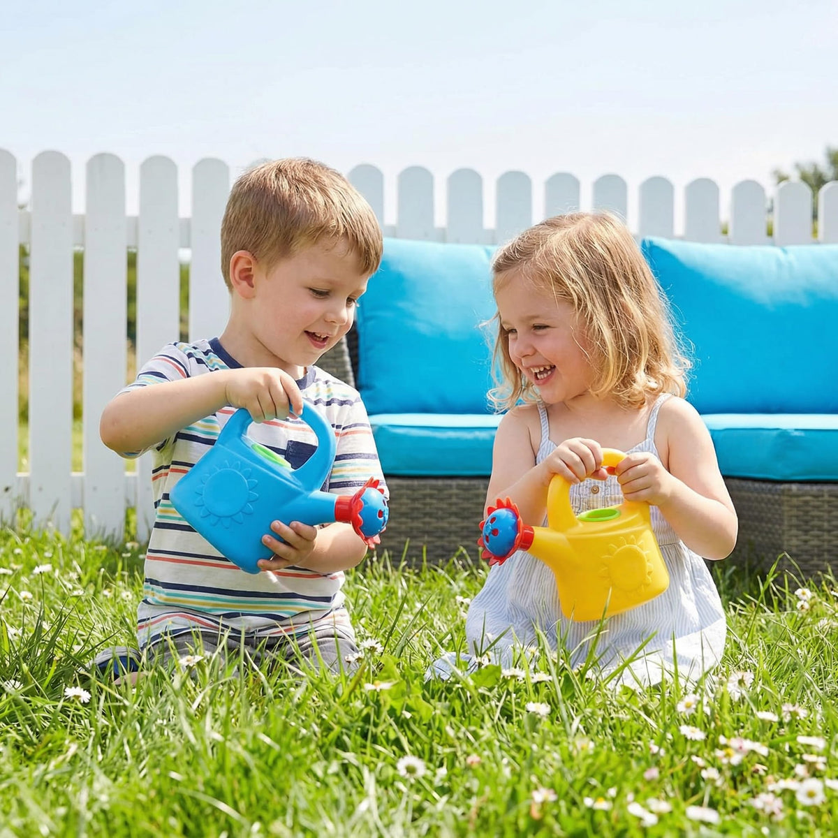NUOBESTY child-friendly watering can toy in outdoor play sparking imaginative garden scenes.
