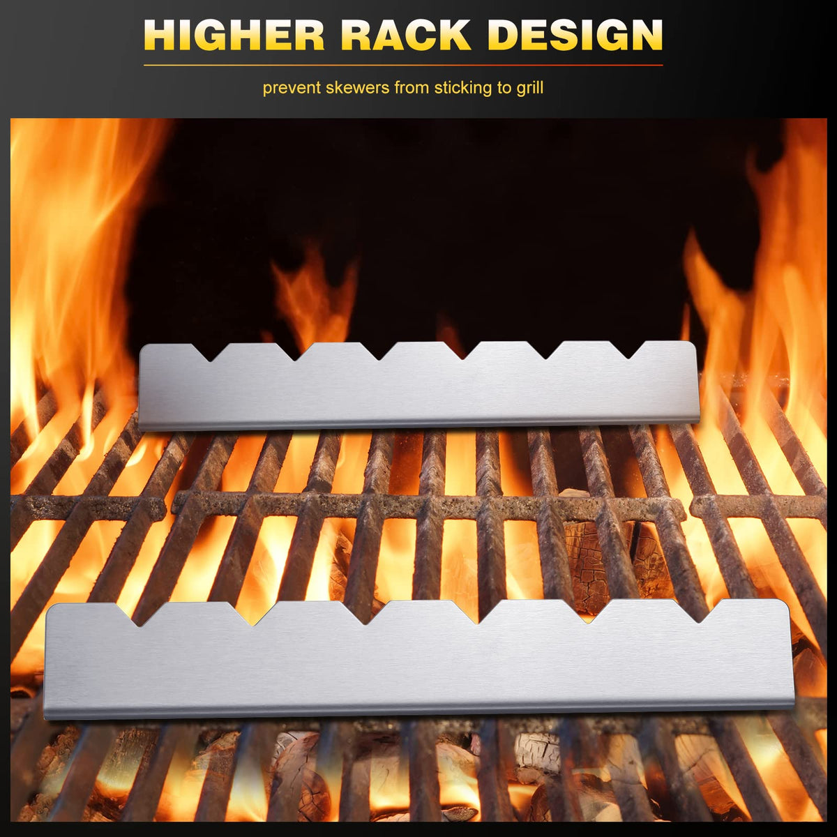 Nuogo 12-inch skewer rack demonstrates generous cooking space for multiple vegetables and meat.