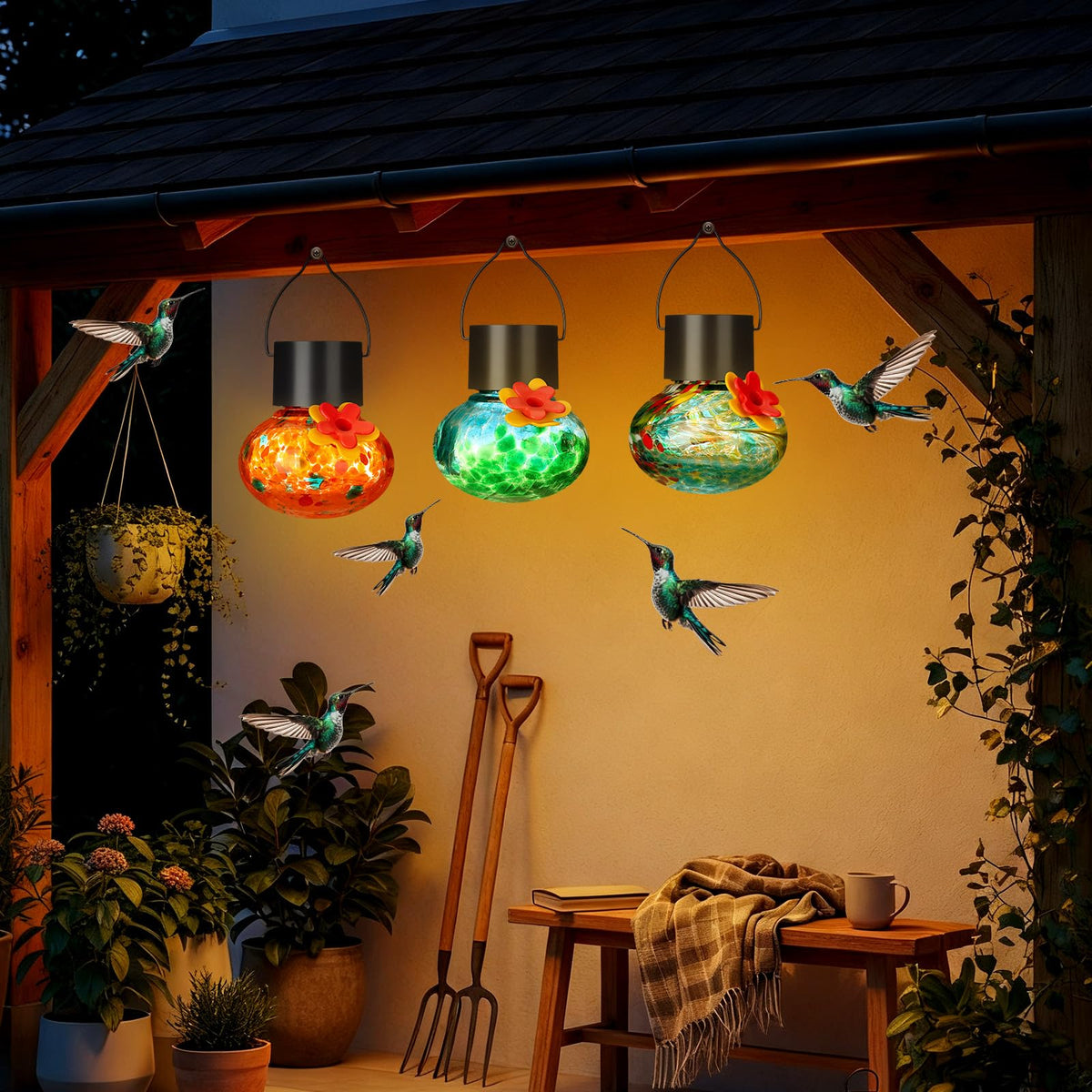 Nuogo handcrafted glass hummingbird feeder as a durable garden art piece