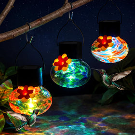 Nuogo blown glass hummingbird feeder in multicolor attracts birds to the garden