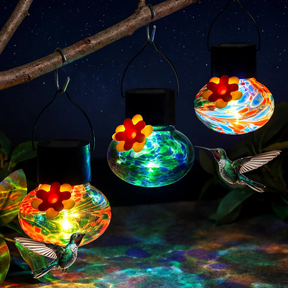 Nuogo blown glass hummingbird feeder in multicolor attracts birds to the garden