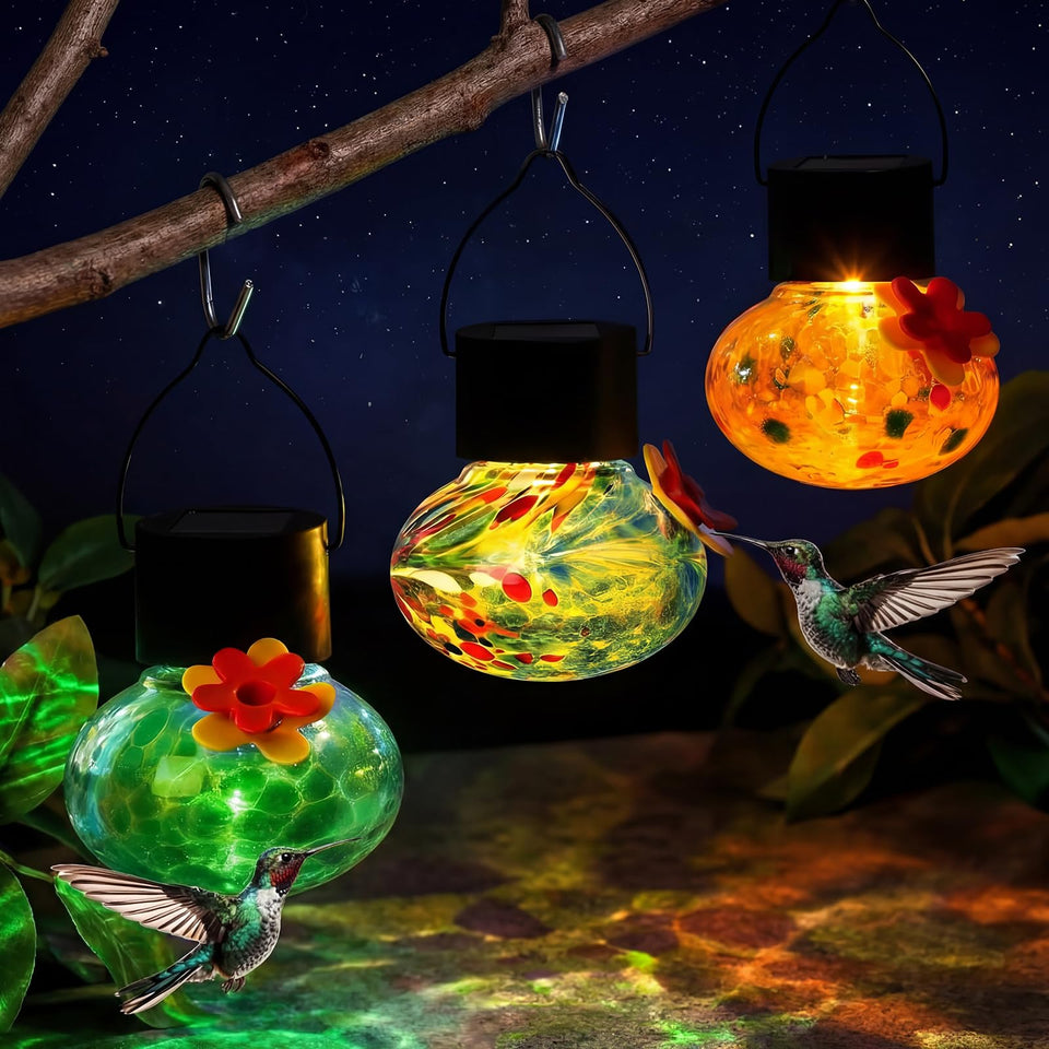 Nuogo multicolor blown-glass hummingbird feeders set to attract garden visitors