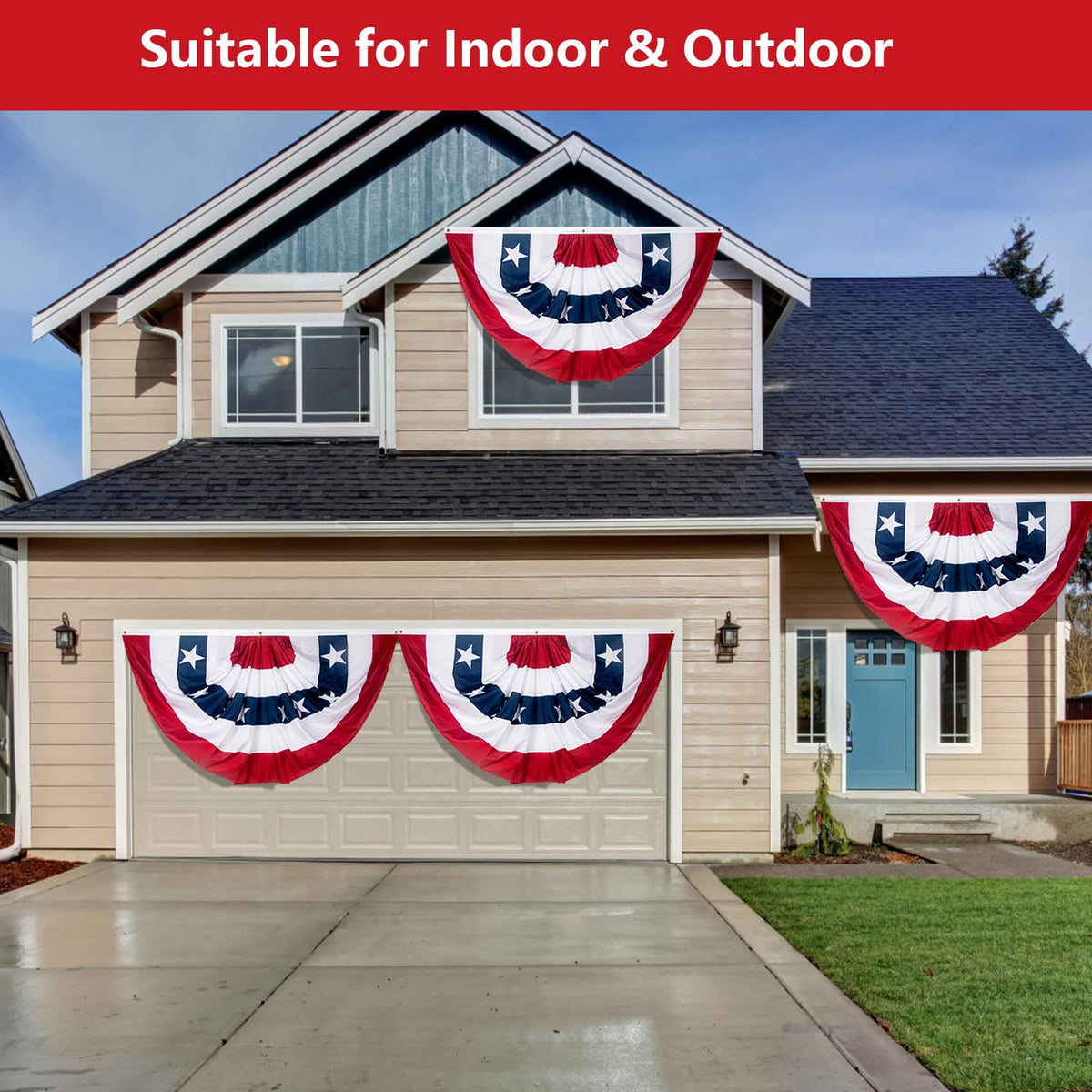 NUOLAN outdoor patriotic bunting shows vibrant red, white, and blue colors for the Fourth of July.