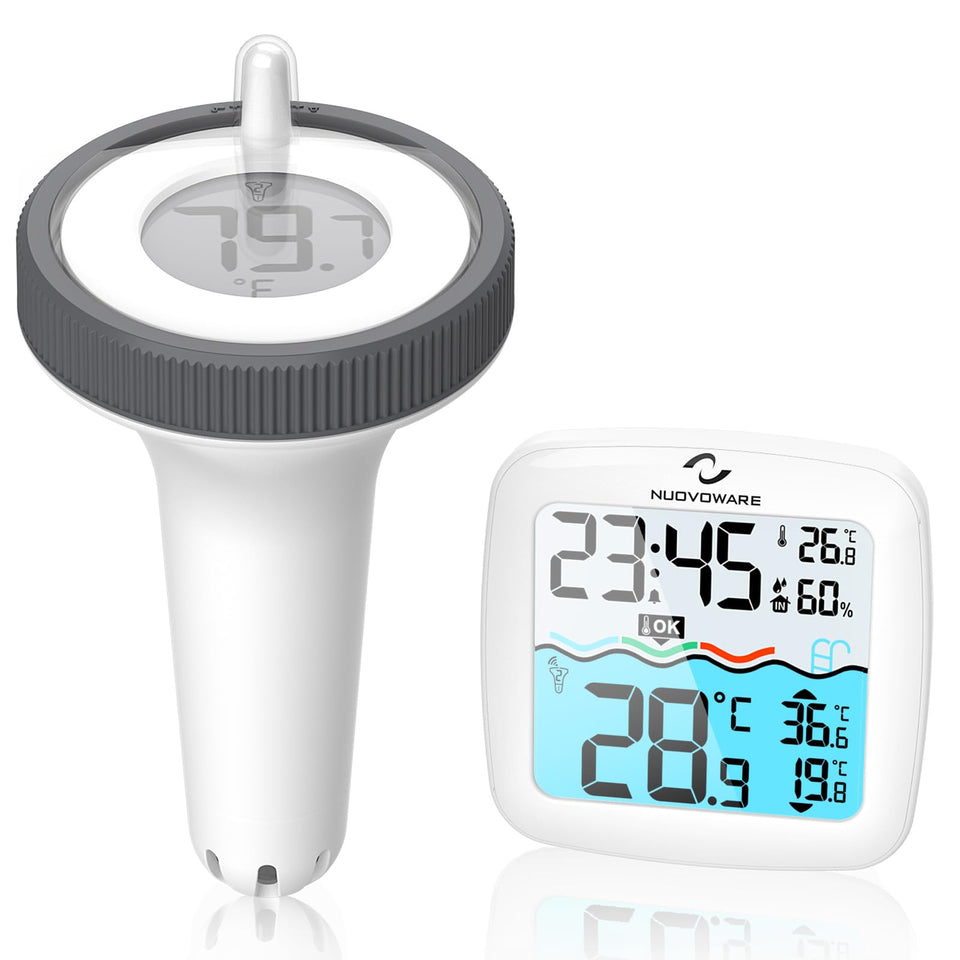 Nuovoware digital floating pool thermometer display shows precise water temperature at a glance.