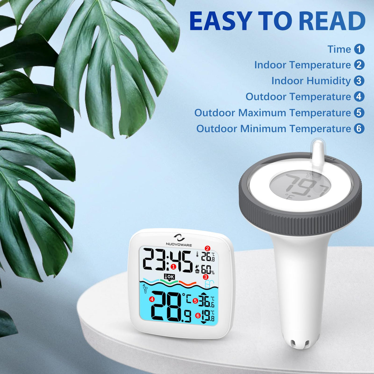Nuovoware easy-to-use floating thermometer delivers quick, accurate readings.