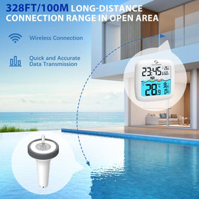 Nuovoware wireless connection antenna range enables reading pool temperature from indoors.