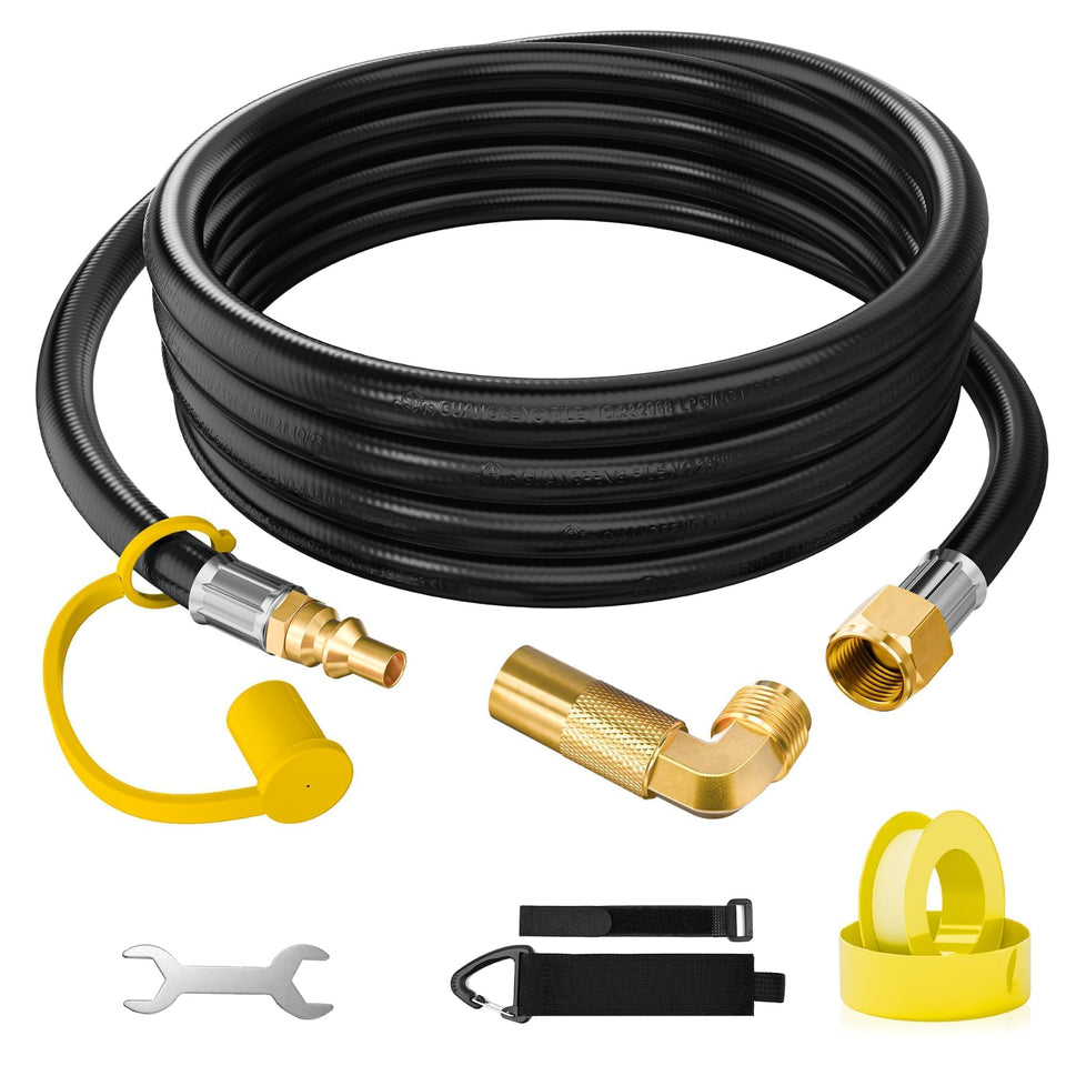 NUPICK 12ft propane quick connect hose for RV to grill, easy camping setup.