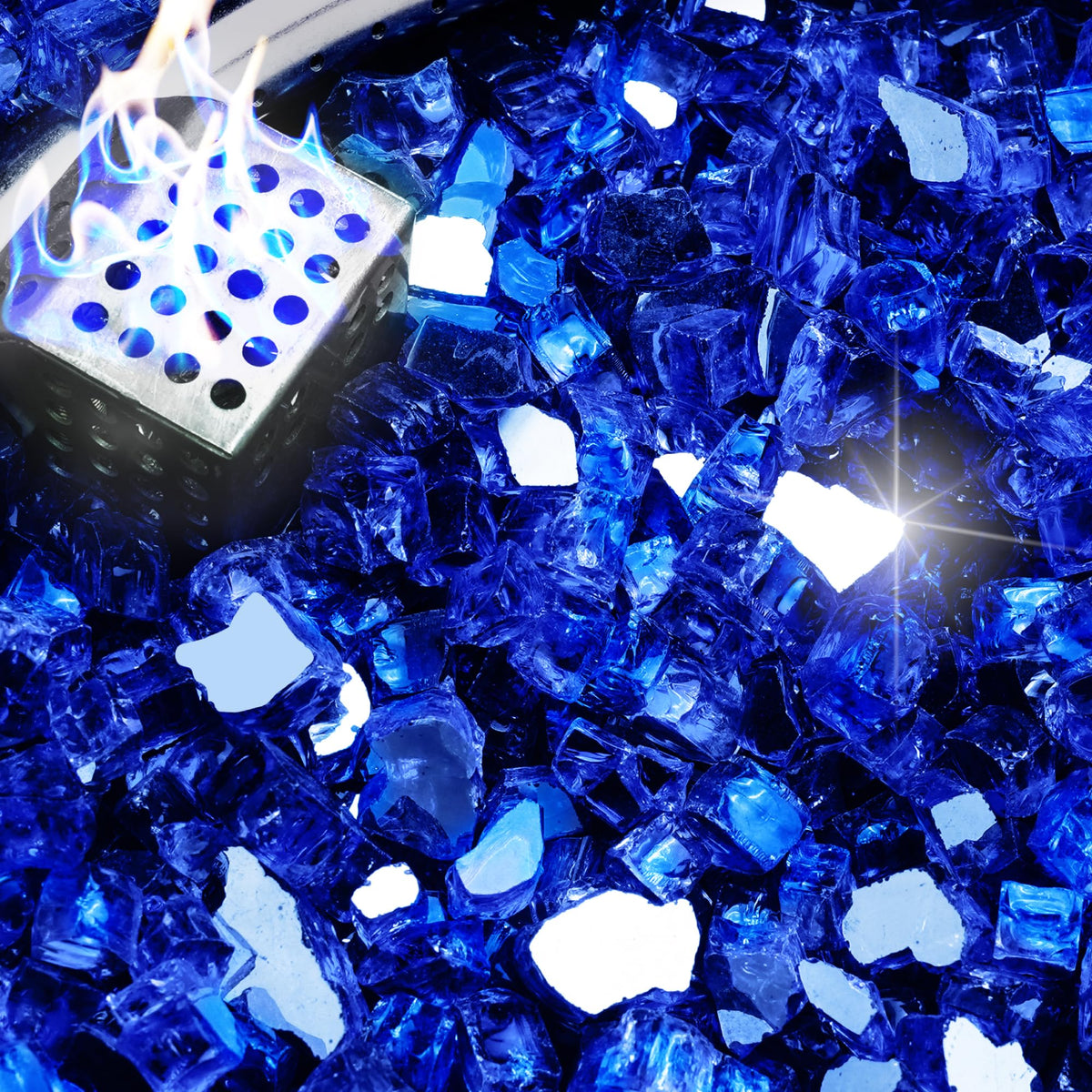 NUPICK blue fire glass half inch for outdoor pits enhances flame visibility