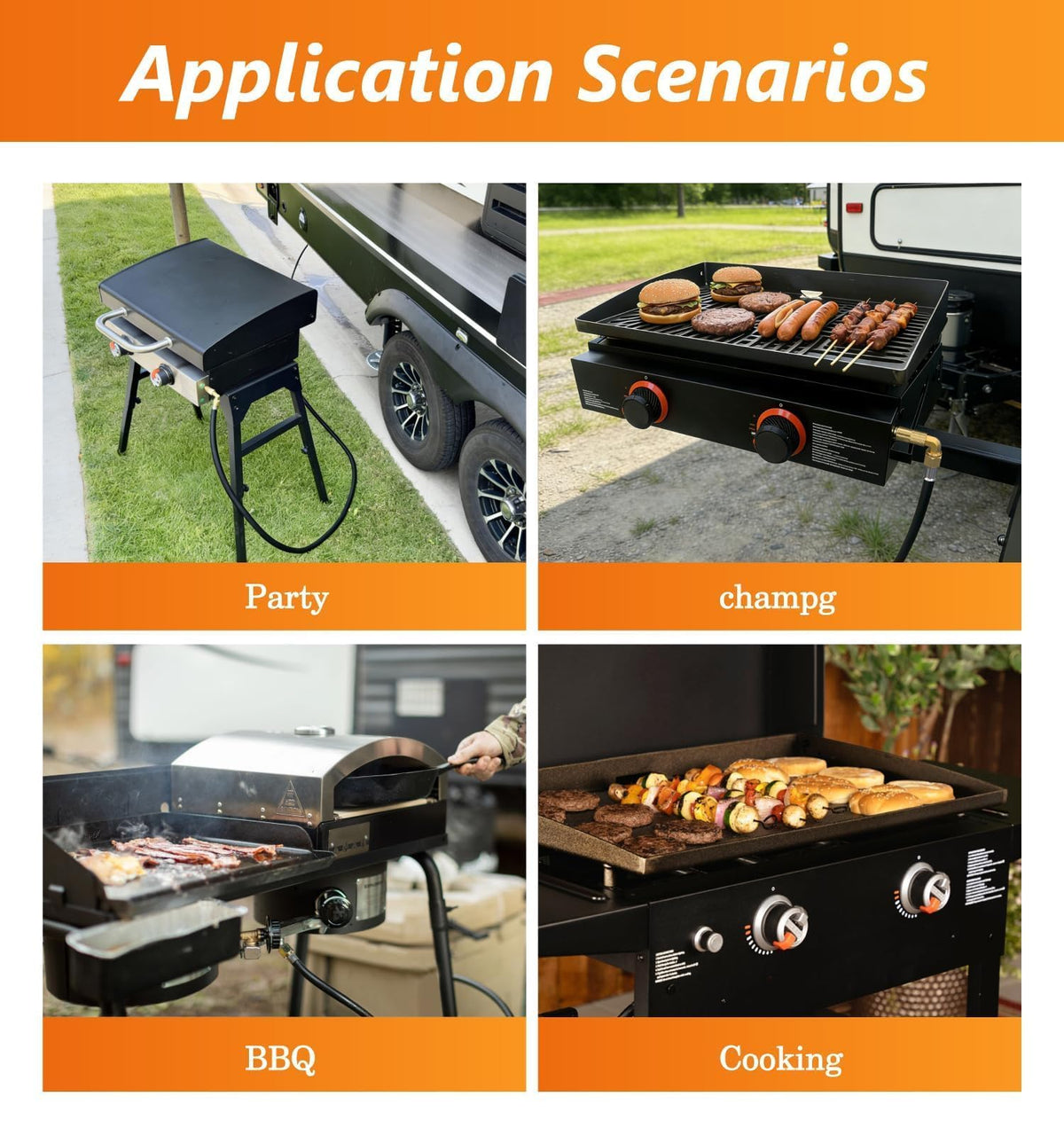 NUPICK elbow adapter hose connecting to Blackstone griddle, reliable propane supply.