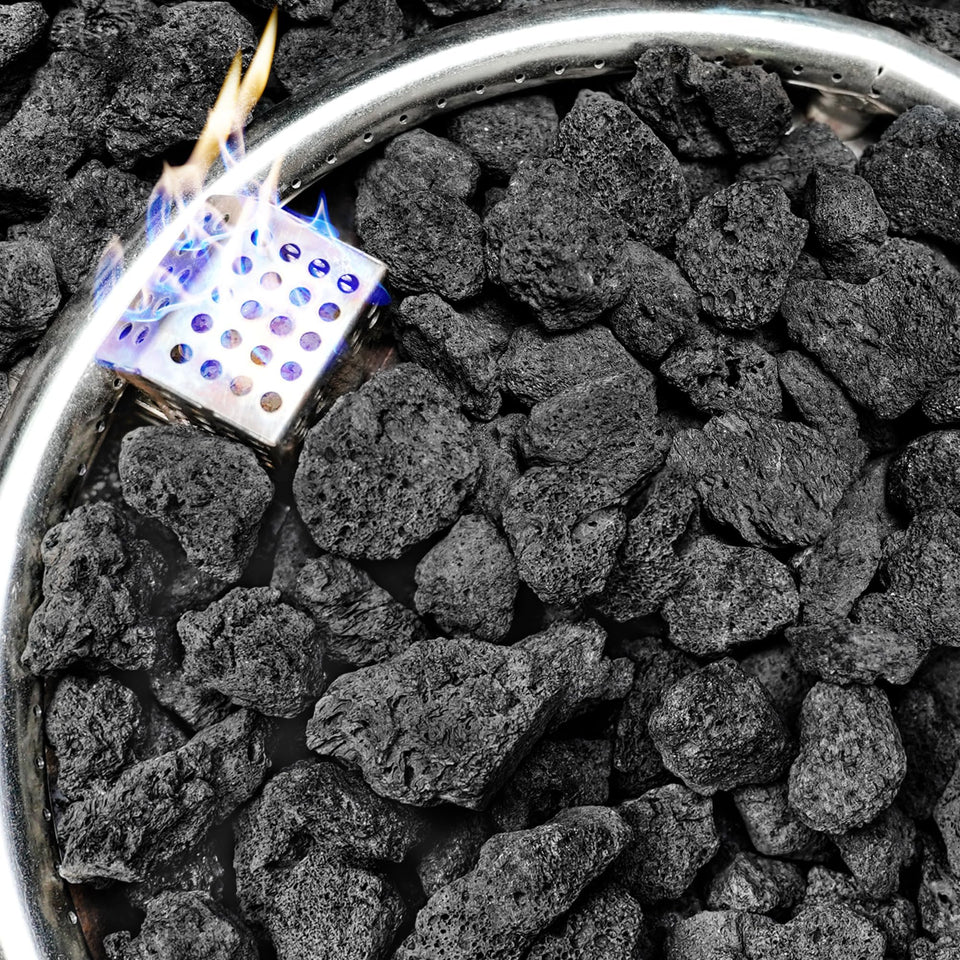 NUPICK lava rock fire pit setup with deep charcoal tones for a modern glow.