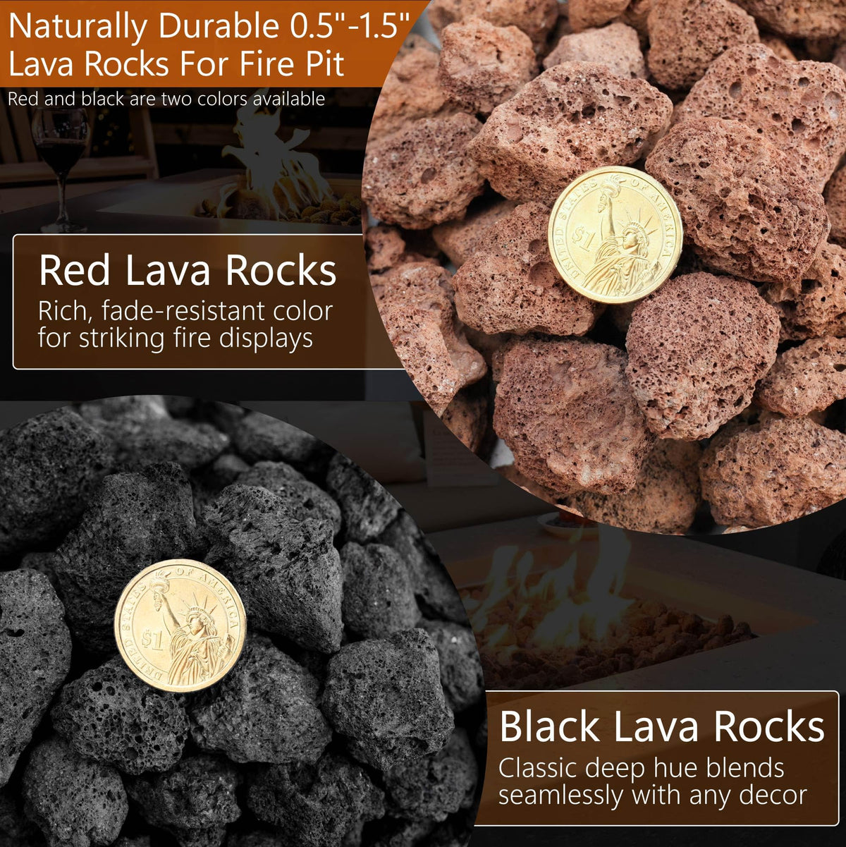 NUPICK red lava rock maintains even heat distribution in outdoor setups.