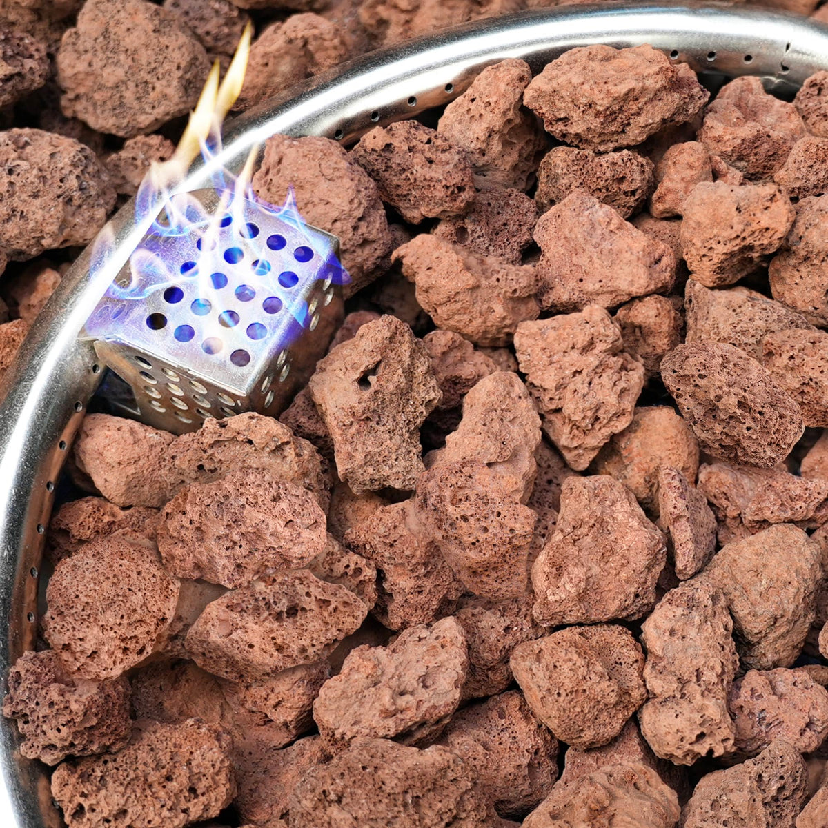 NUPICK red lava rock fire pit closeup showing vibrant color and natural texture.