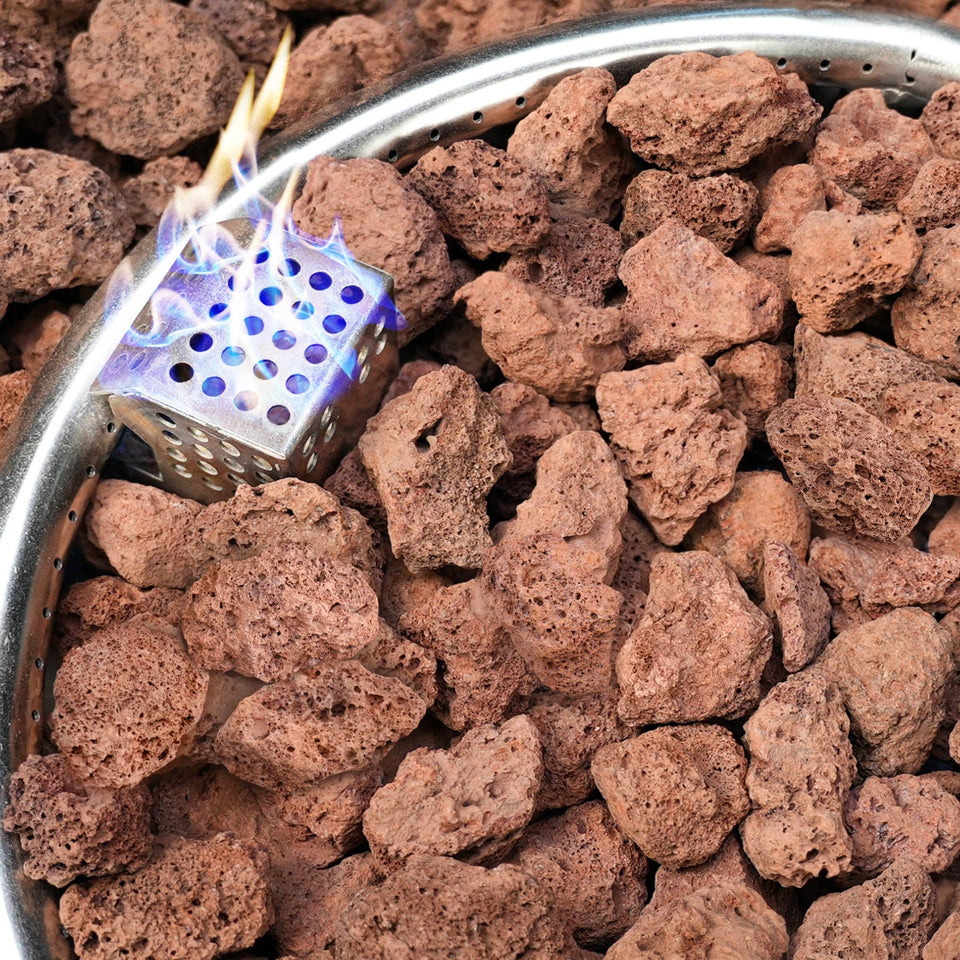 NUPICK red lava rock fire pit closeup showing vibrant color and natural texture.