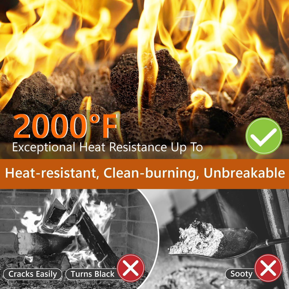 NUPICK lava rock in fireplace display emphasizes warm glow and clean appearance.