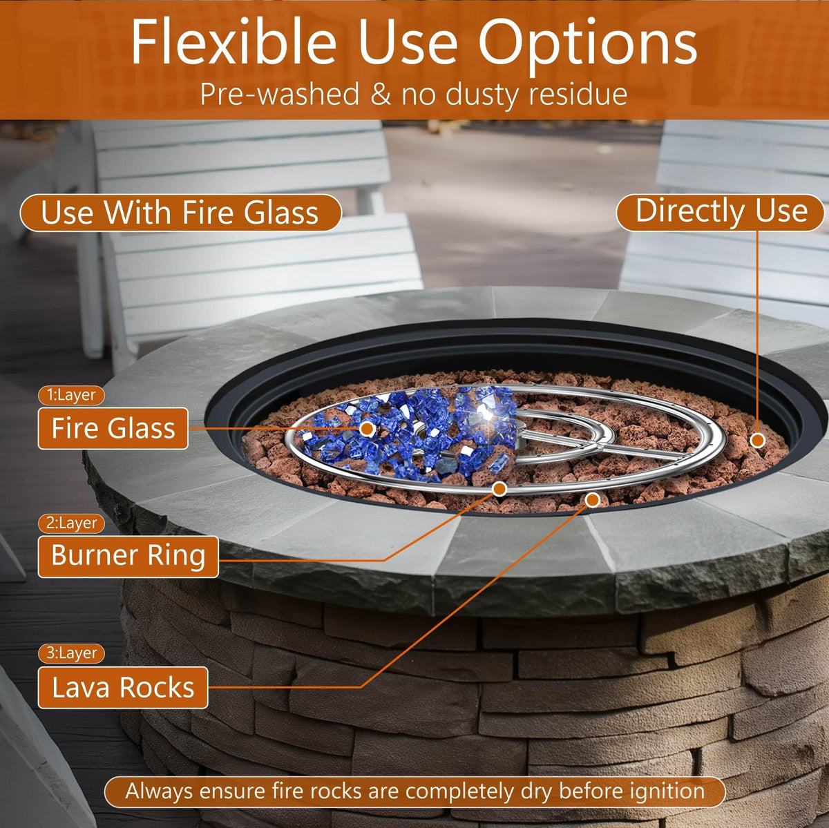 NUPICK red lava rock outdoor fire pit setup creates dramatic flame backdrop.