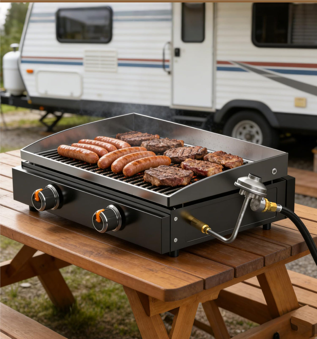 NUPICK rv-to-grill propane adapter image, simplifies campsite cooking.