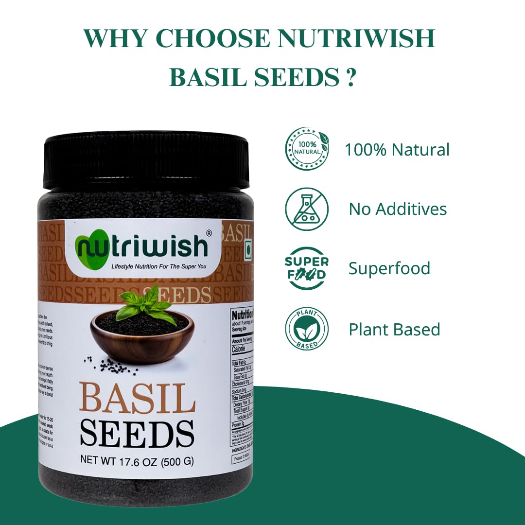 Nutriwish Basil Seeds scoop highlights omega-3 rich seeds for quick snacks.