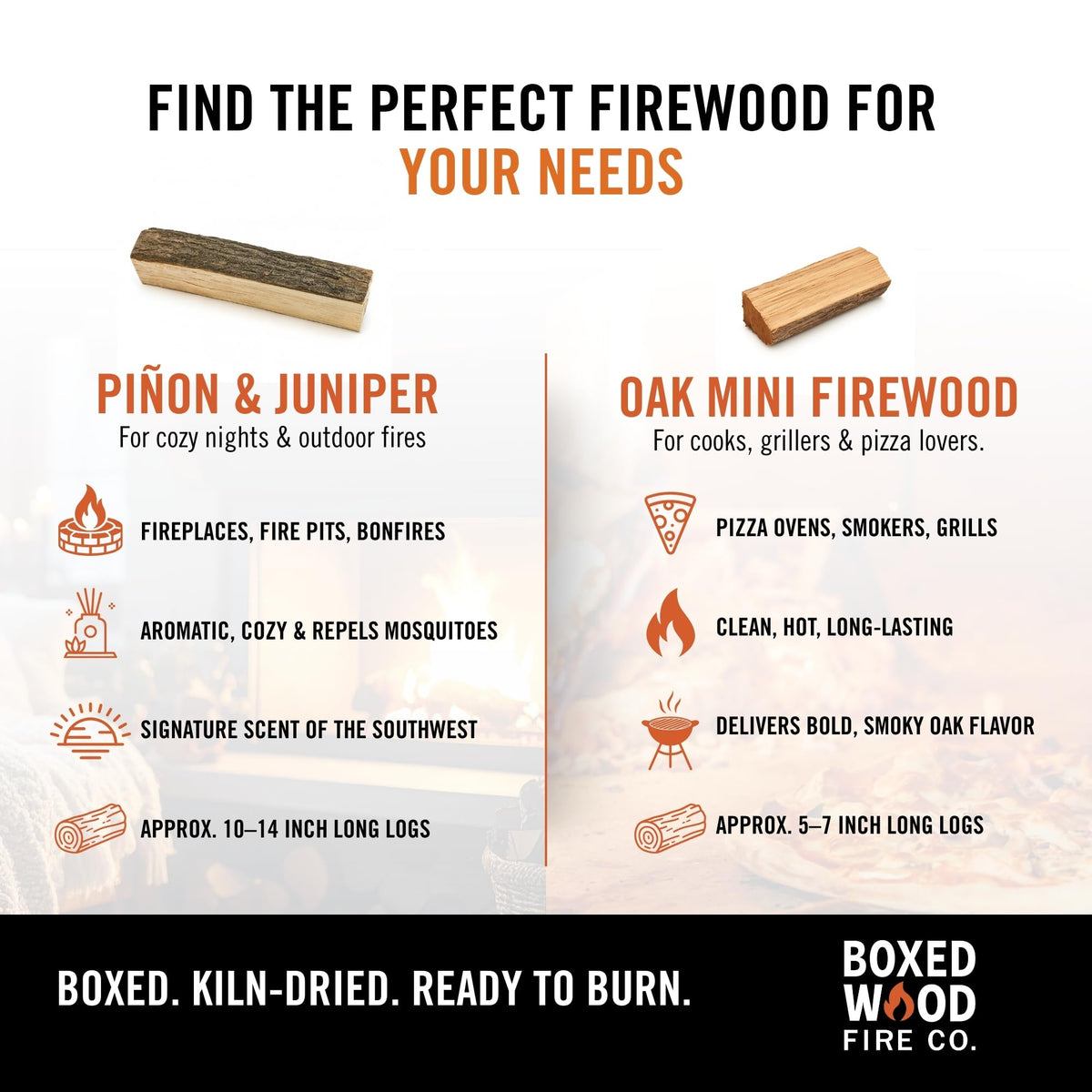 Easy-light Nuvo Iron Pinon-Juniper firewood for quick, convenient fires.