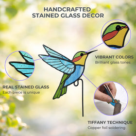 Nuvos AEON Tiffany-style hummingbird ornament creates radiant color shifts in sunlight